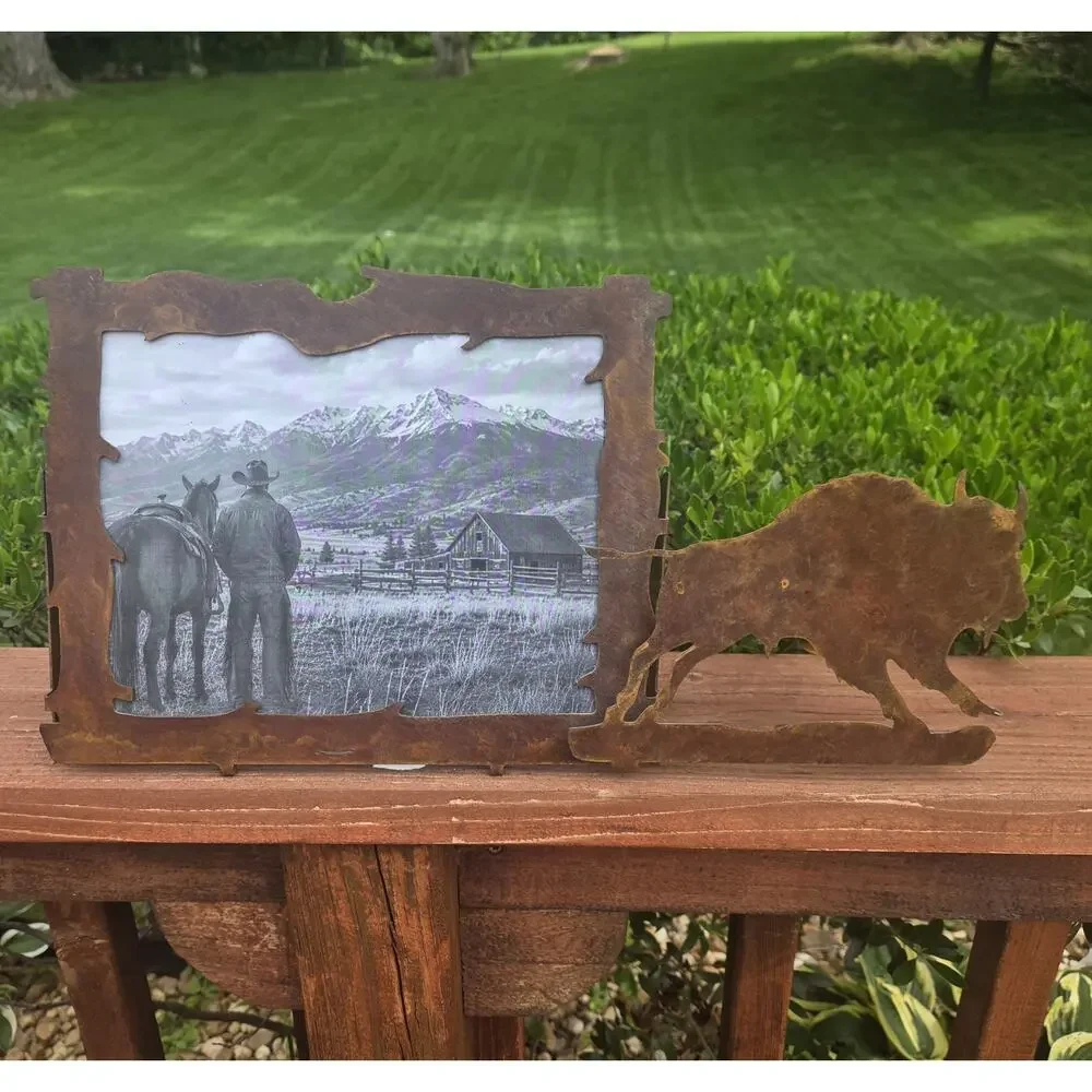 Rare Rijline Metal Art Montana Buffalo Picture Frame Signed Western Lodge Decor